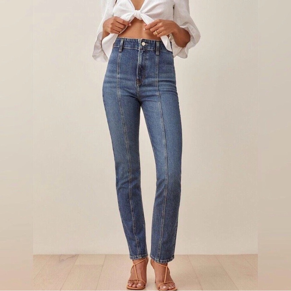 Reformation “Annie” High-Rise Straight Leg Jeans in Dark Wash
